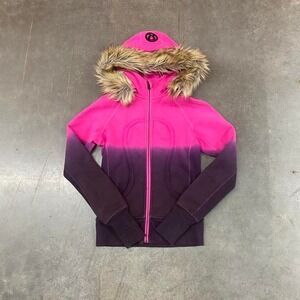 Lululemon Special Edition Ombre Pink Fur Trim Zip Hoodie Women's Size 4‎